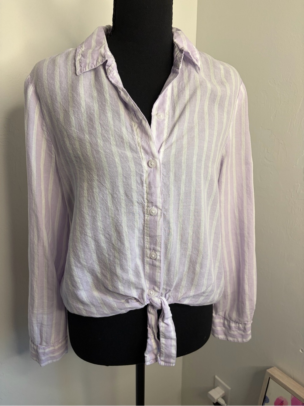 Tencel-Linen Lavender Stripe Tie-Front Button Down Shirt